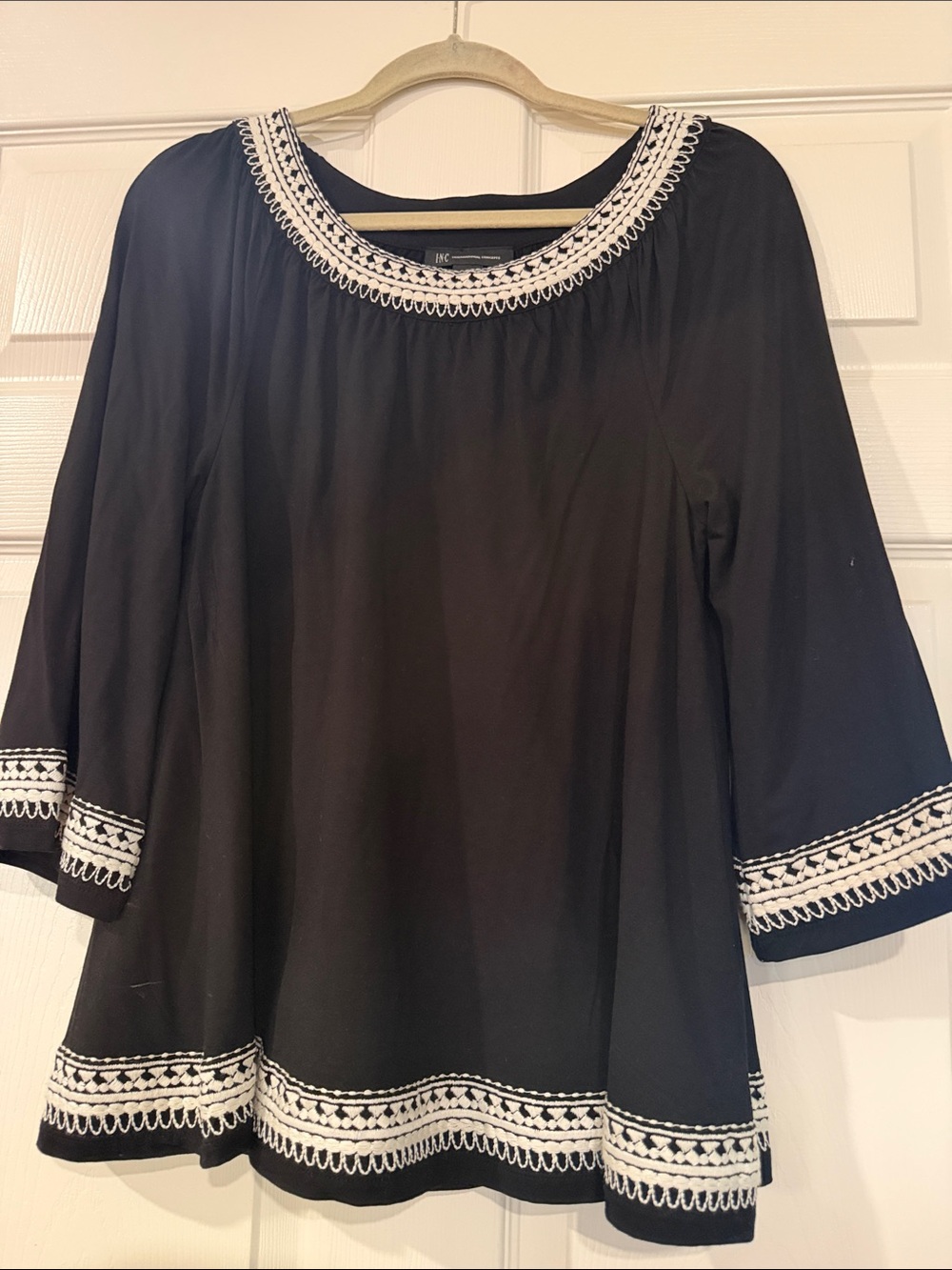 INC International Concepts Black Tunic Top with White Embroidered Trim